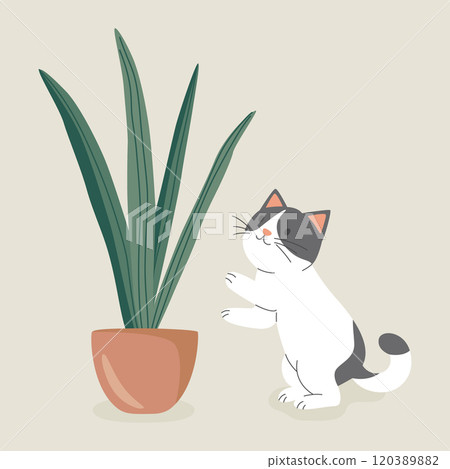 Cute Cartoon Flat Vector Cat Reaching for a Potted Plant. Vector Illustration for Plant Lovers. Adorable Pet Kitten Home Life Design Template 120389882
