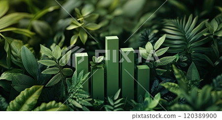 Green bar graph amidst lush foliage symbolizes eco-friendly growth and sustainable development. 120389900