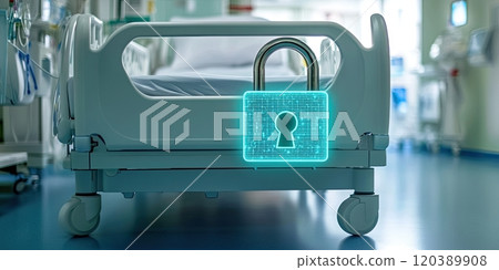 Hospital bed with digital lock symbolizing cybersecurity in healthcare, background blurry Hospital bed with digital lock symbolizing cybersecurity in healthcare, background blurry 120389908