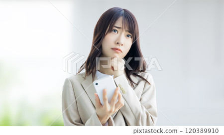 A woman/businesswoman worried about her smartphone 120389910