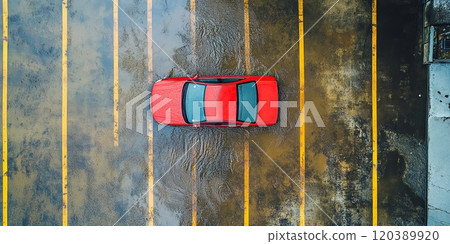 Drone Shot Parking Lot With one Flooded Car After Heavy Rainstorm Flooded car in rain water 120389920