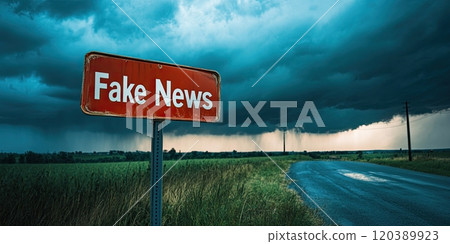 "Fake News" Warning Road Sign Against Stormy Dark Sky "Fake News" Warning Road Sign Against Stormy Dark Sky 120389923