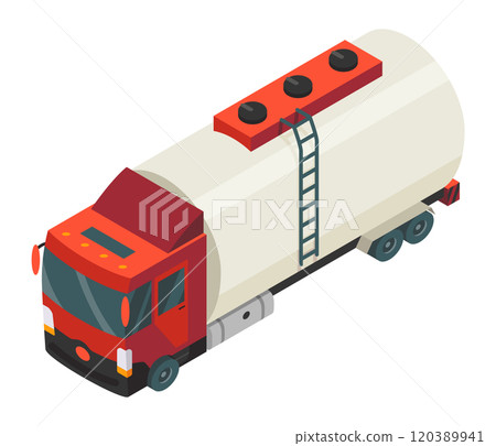 A colorful isometric pixel art illustration depicting a detailed tanker truck 120389941