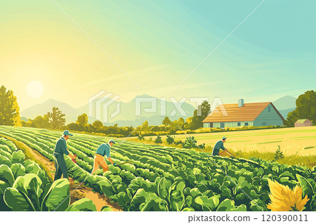 A group of people are working in a field of vegetables. The sun is shining brightly, creating a warm and inviting atmosphere. The workers are focused on their tasks, tending to the crops A group of people are working in a field of vegetables. The sun is shining brightly, creating a warm and inviting atmosphere. The workers are focused on their tasks, tending to the crops 120390011