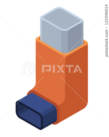 Asthma inhale isometric. Asthma spray realistic icon. Medical device for treatment respiratory diseases, flu. Inhaler for asthmatic isolated on white background 120390014