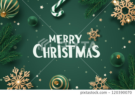 Festive Christmas card with green and gold ornaments, pine branches, snowflakes, and a candy cane on a green background Festive Christmas card with green and gold ornaments, pine branches, snowflakes, and a candy cane on a green background 120390070