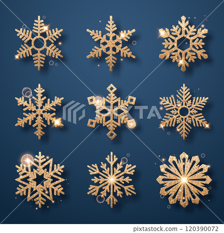 Set of sparkling glitter golden snowflakes on a navy background 120390072
