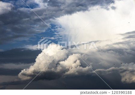Blue sky background. The clouds on the sky. Colorful blue sky view in bright tones. 120390188