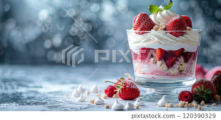 Eton Mess dessert made with layers of crushed meringue, whipped cream, and fresh strawberries, served in a glass dessert dish on quartz background 120390329