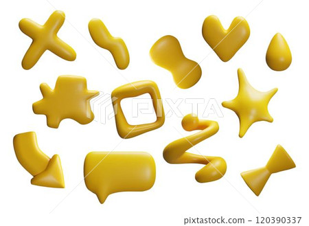 3d figurines: heart, star, spiral and others made of gold on a white background 3d figurines: heart, star, spiral and others made of gold on a white background 120390337