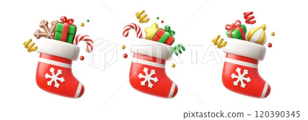 Christmas sock with gifts 3D cartoon vector set, red Christmas stocking with snowflake, candy cane gift box, gingerbread Christmas sock with gifts 3D cartoon vector set, red Christmas stocking with snowflake, candy cane gift box, gingerbread 120390345