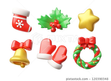 3d vector with a Christmas set with bell, mittens, star, Christmas wreath, holly, sock 3d vector with a Christmas set with bell, mittens, star, Christmas wreath, holly, sock 120390348