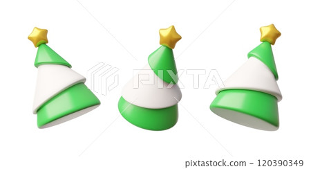 3D cute Christmas decorated pine tree with golden star vector icons set, Happy New Year symbol, fir tree cone shape 3D cute Christmas decorated pine tree with golden star vector icons set, Happy New Year symbol, fir tree cone shape 120390349