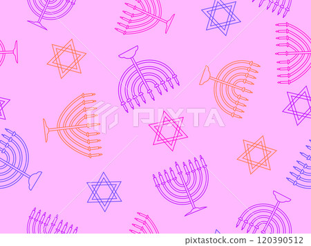 Hanukkah seamless pattern with menorah with nine candle and Star of David. Nine lit Hanukkah candles. Design for invitation flyers, brochures and promotional items. Vector illustration Hanukkah seamless pattern with menorah with nine candle and Star of David. Nine lit Hanukkah candles. Design for invitation flyers, brochures and promotional items. Vector illustration 120390512