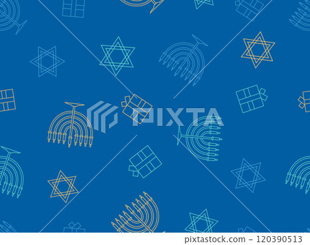 Hanukkah seamless pattern with menorah with nine candle and Star of David. Nine lit Hanukkah candles. Design for invitation flyers, brochures and promotional items. Vector illustration 120390513