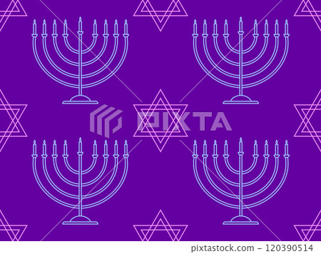 Hanukkah seamless pattern with menorah with nine candle and Star of David. Nine lit Hanukkah candles. Design for invitation flyers, brochures and promotional items. Vector illustration 120390514