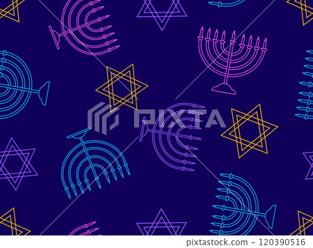 Hanukkah seamless pattern with menorah with nine candle and Star of David. Nine lit Hanukkah candles. Design for invitation flyers, brochures and promotional items. Vector illustration 120390516
