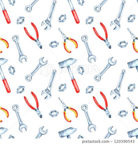 Red-handled pliers, hammers, and wrenches in watercolor . Repairman essentials clipart. This seamless pattern is suitable for industrial-themed products, packaging, or digital designs 120390543
