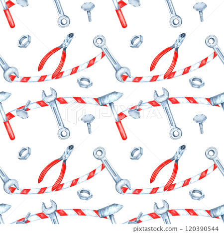 A dynamic row of wrenches, bolts, and red pliers with warning tape. Watercolor illustration of hardware tools. This seamless pattern is perfect for stationery, packaging, or decor in DIY designs 120390544
