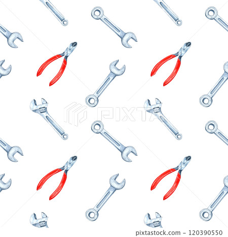 Wrenches with a pop of red-handled pliers. DIY tools watercolor clipart. Repair essentials seamless pattern. Perfect for merchandise, stationery, or fabric designs related to tools or hardware themes Wrenches with a pop of red-handled pliers. DIY tools watercolor clipart. Repair essentials seamless pattern. Perfect for merchandise, stationery, or fabric designs related to tools or hardware themes 120390550