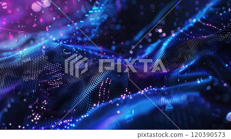 Digital blue abstract background. Various particles shining dots stars, energy flow, internet, connections. 120390573