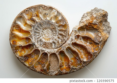 Close up of ammonite, extinct spiral shelled cephalopods, fossil on white background, macro. 120390575