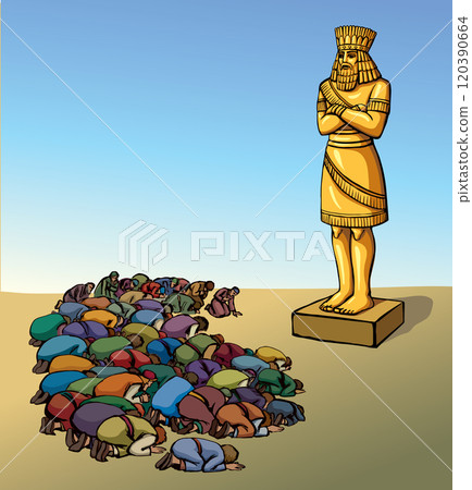 Vector drawing. People bowing befor idol Vector drawing. People bowing befor idol 120390664