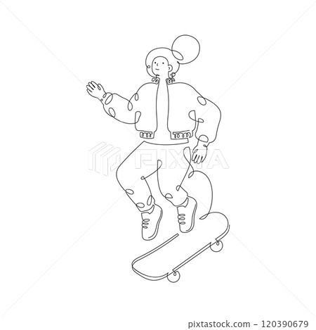 Young woman plays skateboard, vector line art illustration Young woman plays skateboard, vector line art illustration 120390679