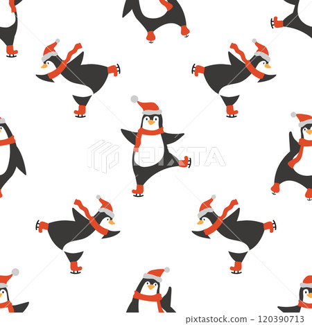 A cute seamless pattern with ice skating penguins wearing hats and scarves. Christmas print with arctic animals. Background, wallpaper, wrapping paper, fabric, packaging template. 120390713