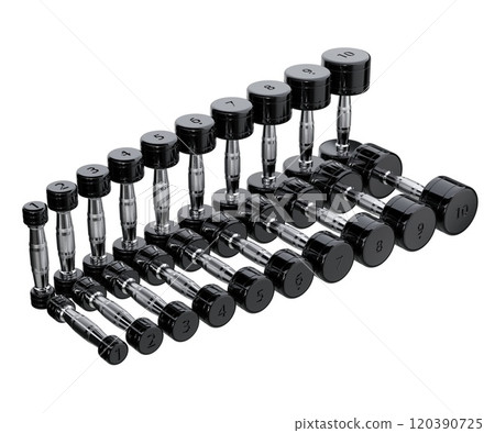 Ten Round Dumbbells set, arranged from 1 to 10. Weightlifting gym equipment Ten Round Dumbbells set, arranged from 1 to 10. Weightlifting gym equipment 120390725