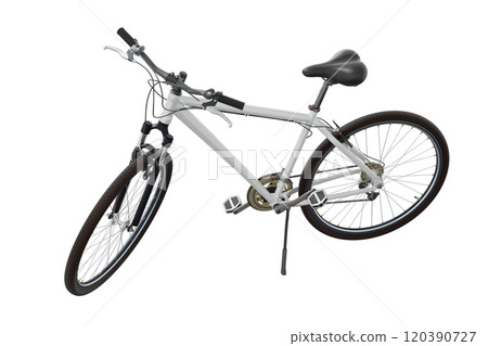 White bicycle standing on kickstand, side top view isolated on white background White bicycle standing on kickstand, side top view isolated on white background 120390727