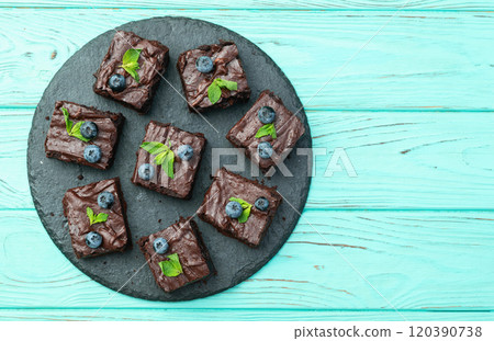 Homemade chocolate brownie photography . Top view 120390738