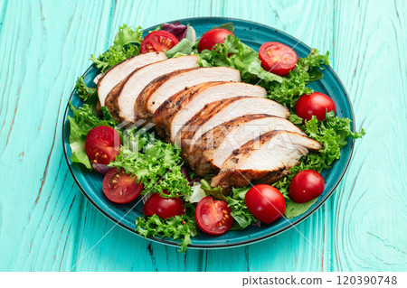 Grilled chicken breast ( fillet ) with lattuce salad and cherry tomatoes . Top view Grilled chicken breast ( fillet ) with lattuce salad and cherry tomatoes . Top view 120390748