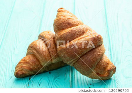 Group of sweet croissant . French morning breakfast . Top view 120390793