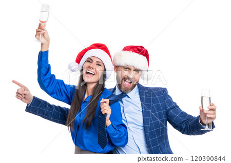 corporate new year party of glad business couple. happy new year to business couple in studio. corporate new year party of glad business couple. happy new year to business couple in studio. 120390844