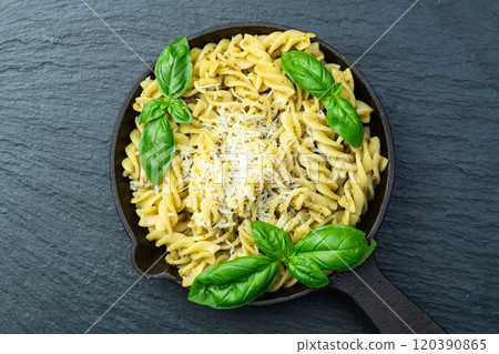 Pasta with basil sauce pesto . Italian food photography . Top view 120390865