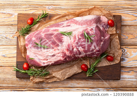 Neck of raw pork meat . Top view 120390888