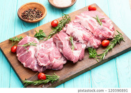 Neck of raw pork meat . Top view 120390891