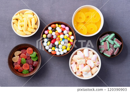 Mix of colorful candies . Top view Mix of colorful candies . Top view 120390903
