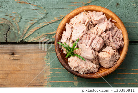 Canned tuna in bowl photography . Top view Canned tuna in bowl photography . Top view 120390911