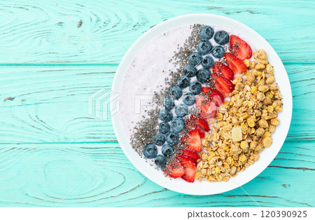 Healthy breakfast . Yogurt with berries ( strawberry , raspberry , blueberry , blackberry ) , granola and chia seeds . Top view Healthy breakfast . Yogurt with berries ( strawberry , raspberry , blueberry , blackberry ) , granola and chia seeds . Top view 120390925