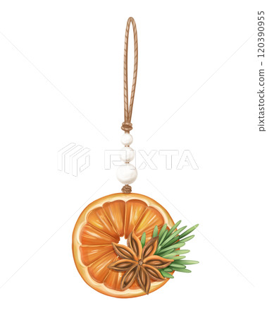 Dried orange slice, anise eco-friendly Christmas tree toys. Hand drawn winter handmade decorations from recyclable material. Sustainable xmas tree. Xmas greeting design. Isolated illustration 120390955