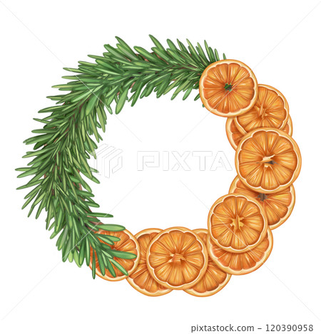 Christmas wreath of oranges, fir branches. Handmade eco Christmas toy, winter organic decorations, seasonal handmade garland. Sustainable Xmas, zero waste concept celebration. Isolated illustration Christmas wreath of oranges, fir branches. Handmade eco Christmas toy, winter organic decorations, seasonal handmade garland. Sustainable Xmas, zero waste concept celebration. Isolated illustration 120390958