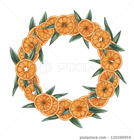 Christmas wreath of oranges, tangerines, leaves. Handmade eco Christmas toy, winter organic decorations, seasonal handmade garland. Sustainable Xmas, zero waste celebration. Isolated illustration Christmas wreath of oranges, tangerines, leaves. Handmade eco Christmas toy, winter organic decorations, seasonal handmade garland. Sustainable Xmas, zero waste celebration. Isolated illustration 120390959