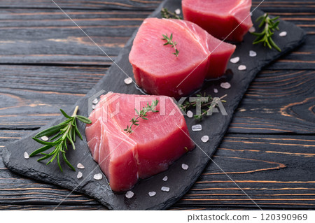 Raw tuna steak ( fillet ) photography . Top view 120390969