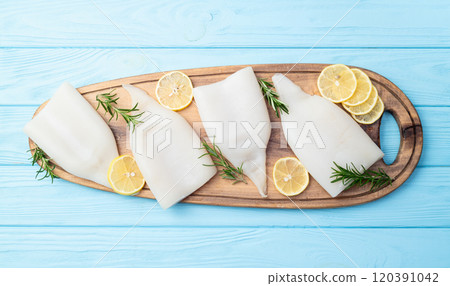 Squid tube and ring photography . Seafood top view Squid tube and ring photography . Seafood top view 120391042