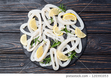 Squid tube and ring photography . Seafood top view 120391053