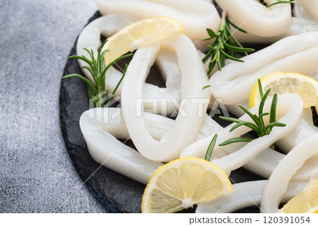 Squid tube and ring photography . Seafood top view 120391054