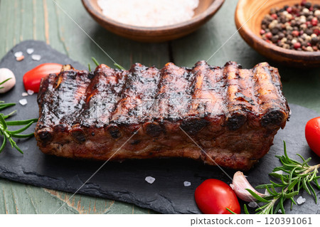 Grilled Pork ribs barbecue photography . Top view 120391061