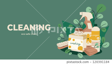 Eco household cleaning products, web-site banner design. Zero waste supplies, ecological green detergent and tools for housework. Eco household cleaning products, web-site banner design. Zero waste supplies, ecological green detergent and tools for housework. 120391184